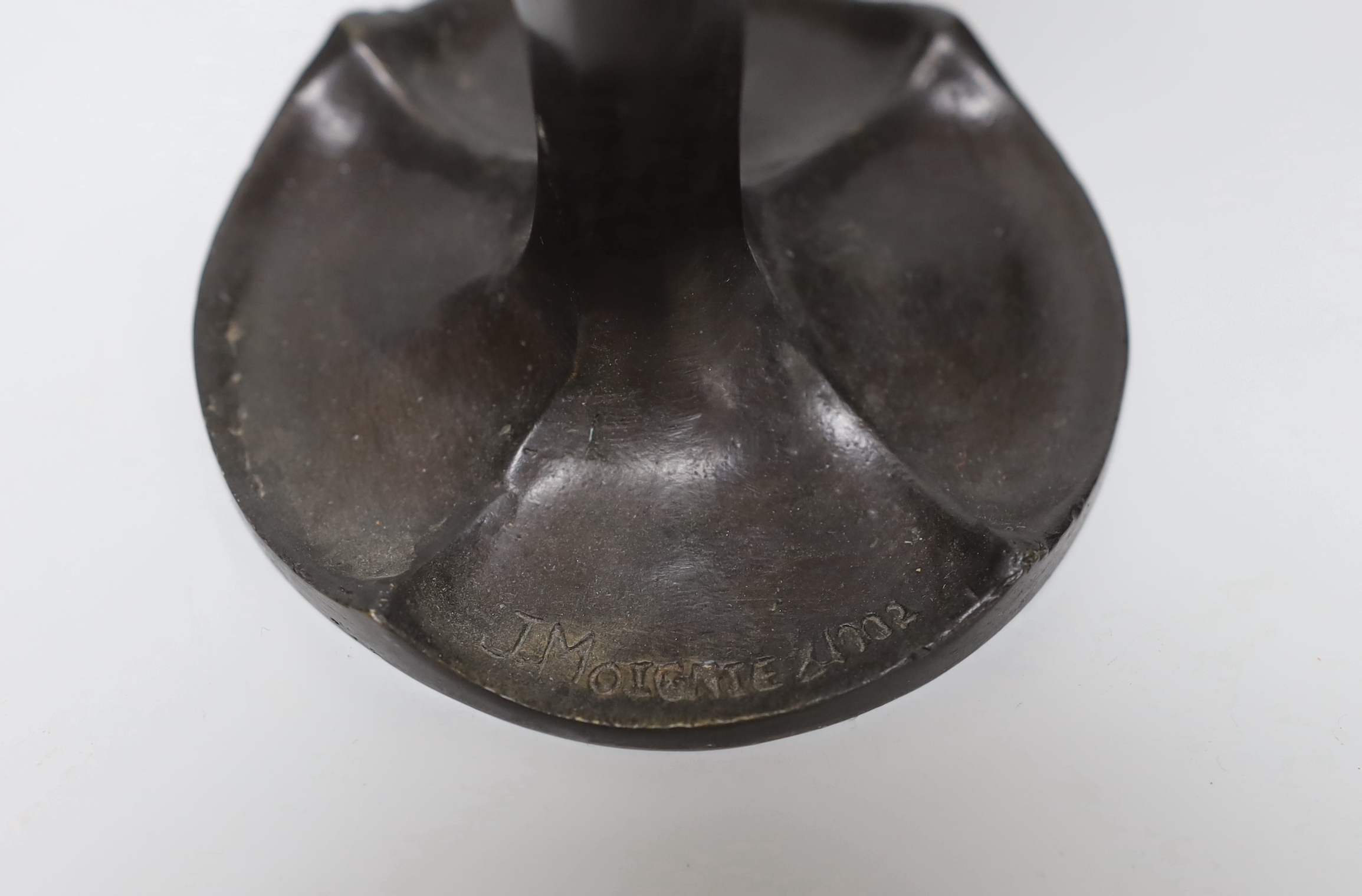 After Jules Moigniez (1835-1894) - a pair of bronze two branch candelabra, signed, dated 1902, 34cm high